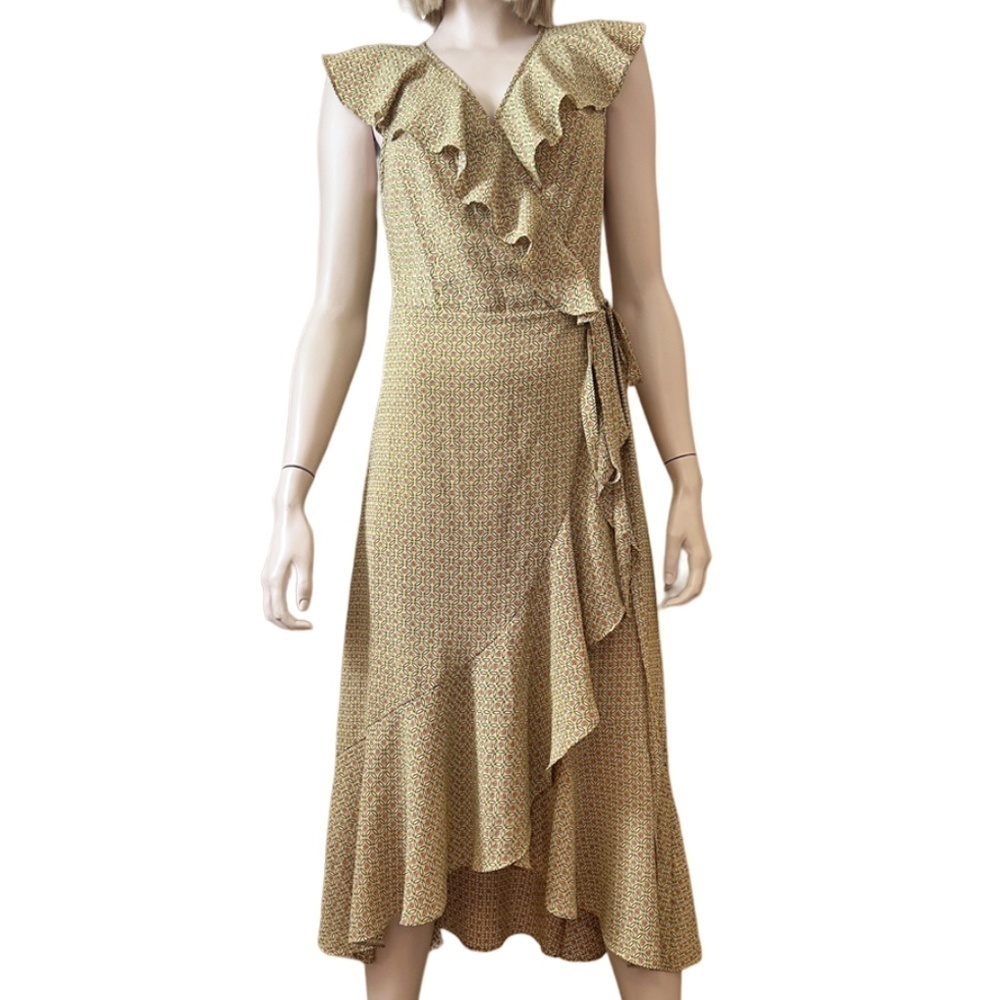 MAX STUDIO Ruffle Wrap Dress Midi Flutter Neckline Flowy Flounce Hem Hi-Low